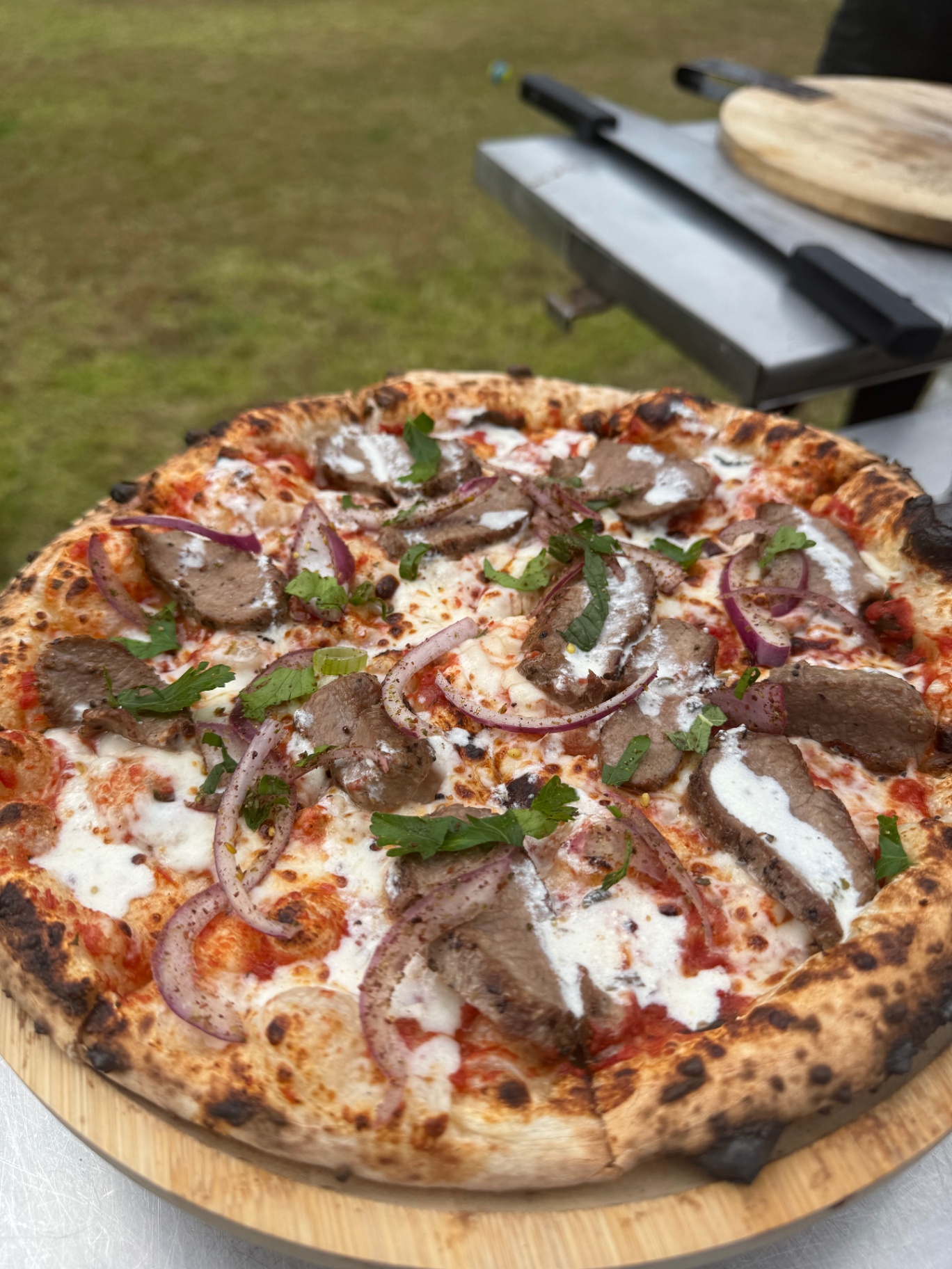Close-up of a lamb pizza with red onion and herbs