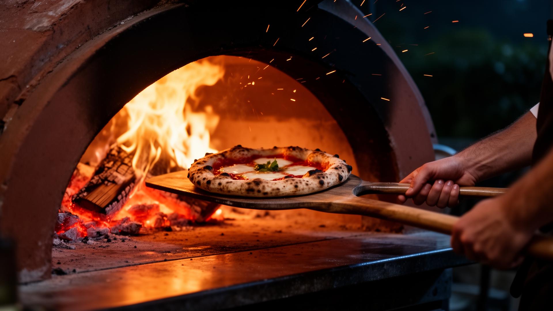 Wood-fired pizza oven at an evening event